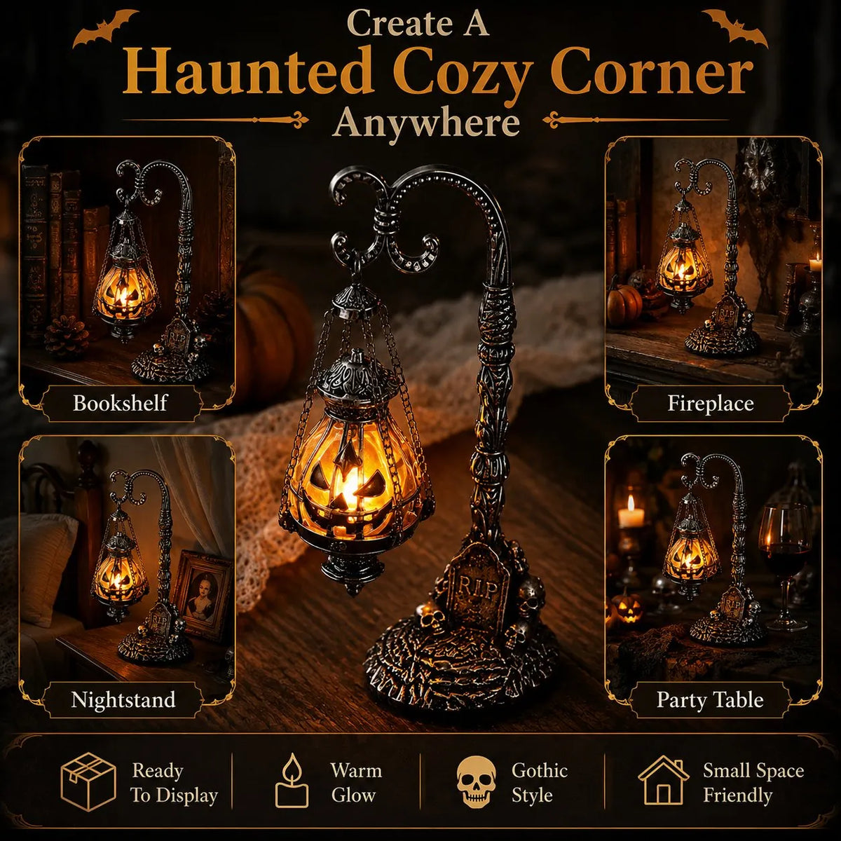 🔥HOT SALE🔥🎃 Gothic Pumpkin Lantern Stand | Warm Orange LED Glow, Victorian Skull Details & Haunted Shelf Decor 🕯️
