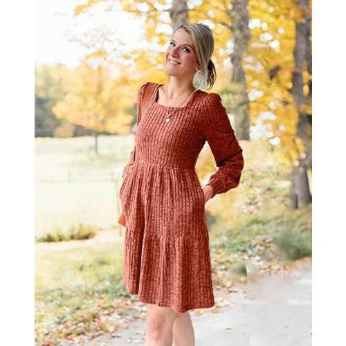 Women's Square Neck Lantern Sleeve Ribbed Dress