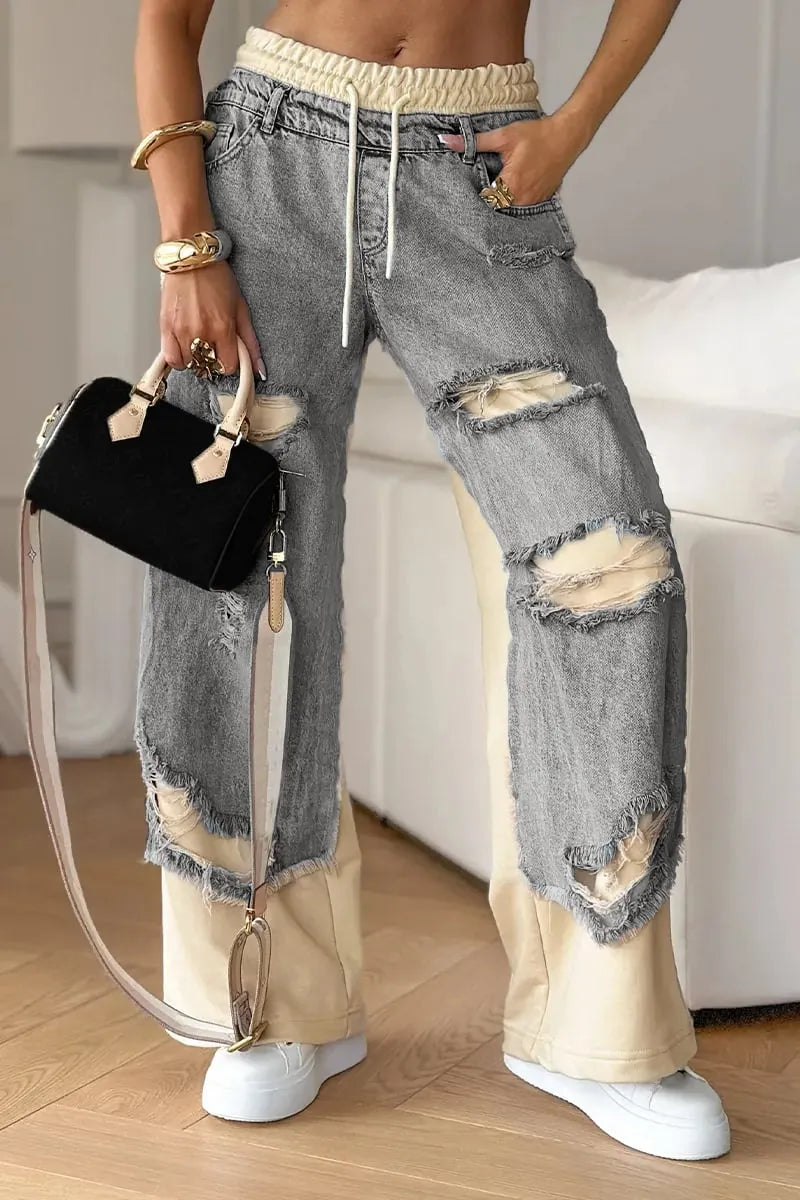 Women's Denim Trousers with Stitching and Ripped Design🌞👖