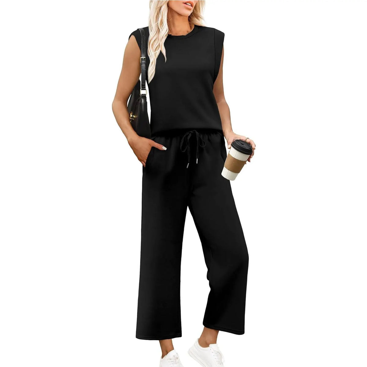 Women's Cap Sleeve Round Neck Lounge Set with Wide Leg Crop Pants