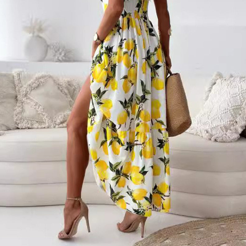 💕50% OFF🍋Elegant long spaghetti strap lemon print dress for women