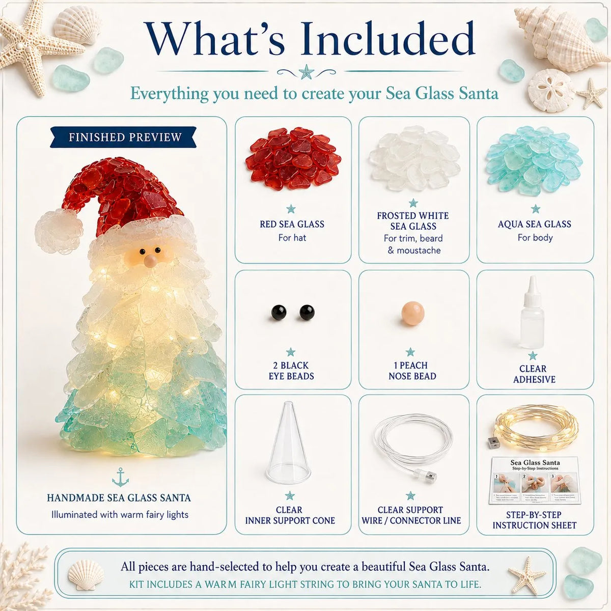 🎉🎅 Beginner-Friendly DIY Lighted Sea Glass Santa Christmas Decor Kit | Complete Kit with Sea Glass Pieces, Warm Fairy Lights & Step-by-Step Guide Included 💕