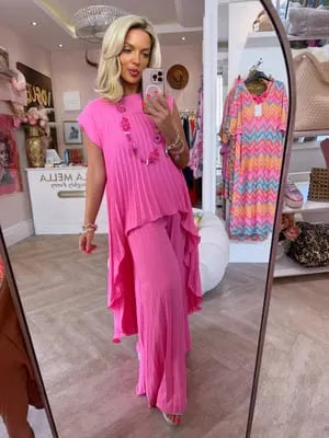 🔥Laney Pleated Short Sleeve Irregular Midi Top and Elastic Waist Wide Leg Pants Set✨