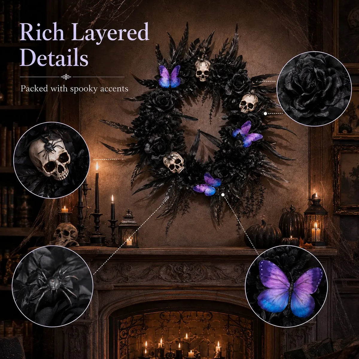 🎉Gothic Wreath with Black Roses & Butterflies, Elegant Decor for Halloween Entryway