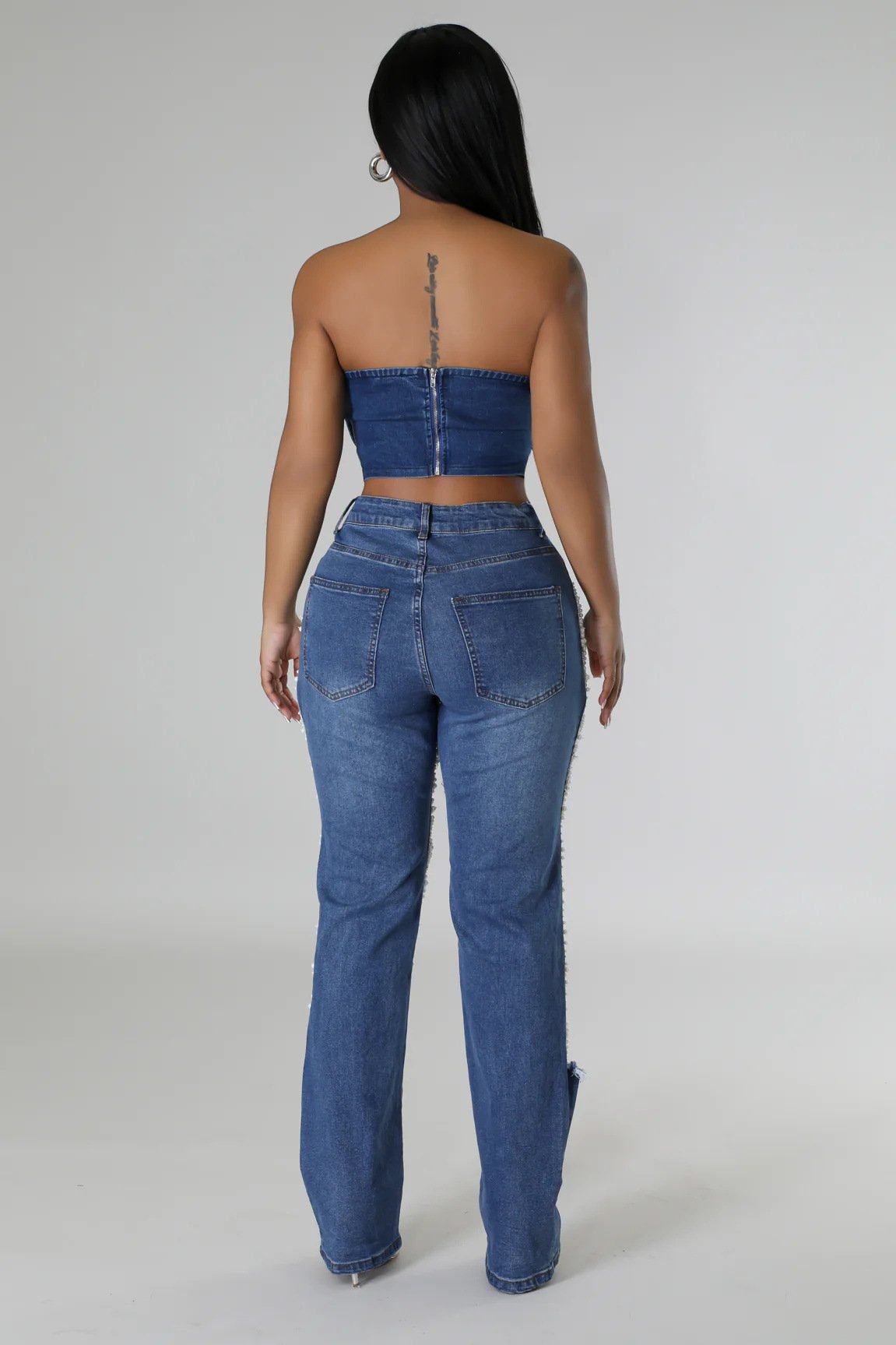 Free Shipping🔥 Stylish Multi-layered Pearl Chain Ripped Pocket Straight Jeans