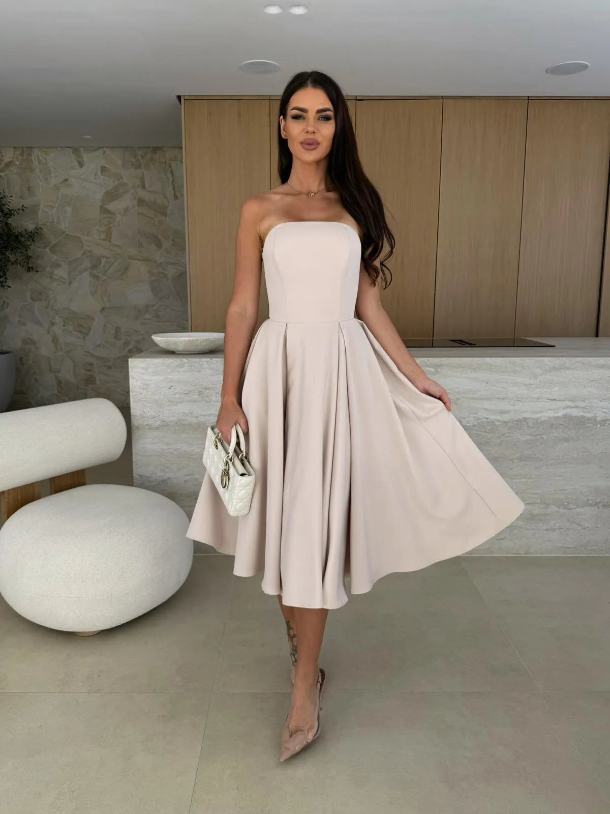 New Summer Solid Color Strapless Midi Dress