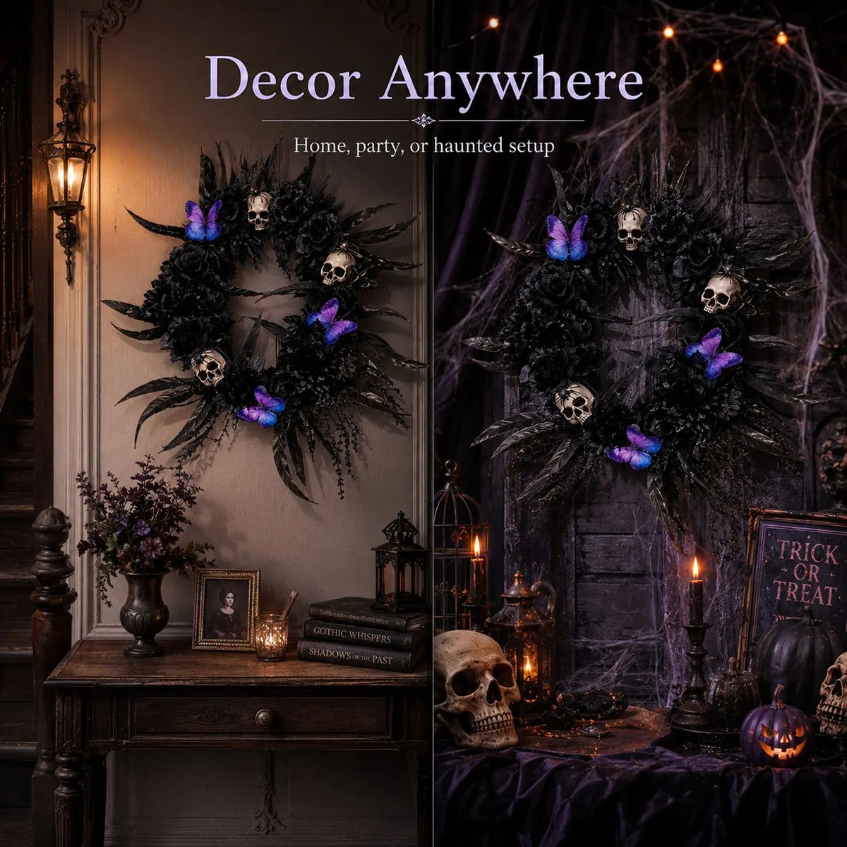 🎉Gothic Wreath with Black Roses & Butterflies, Elegant Decor for Halloween Entryway