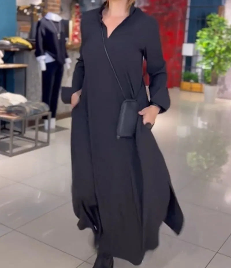 Casual Solid Color V-Neck Long Sleeve Dress (Buy 2 Free Shipping)