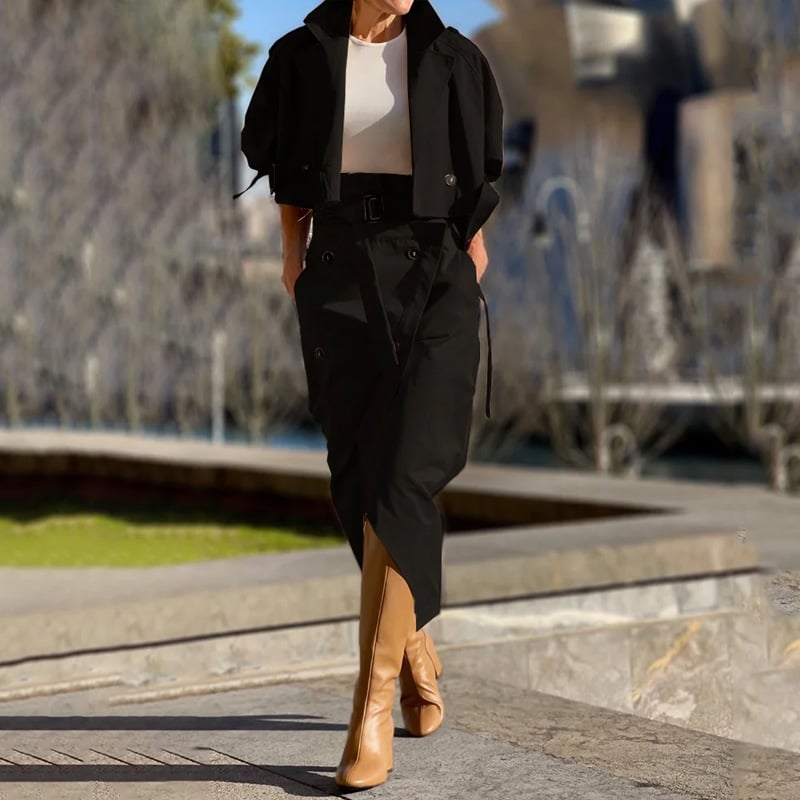 Women's Versatile Casual Work Wear Temperament Button Belt Skirt Set