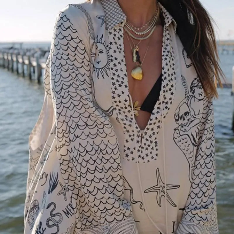 Live By Water Satin Unique Print Tassle Shirt and Elastic Waist Shorts Set