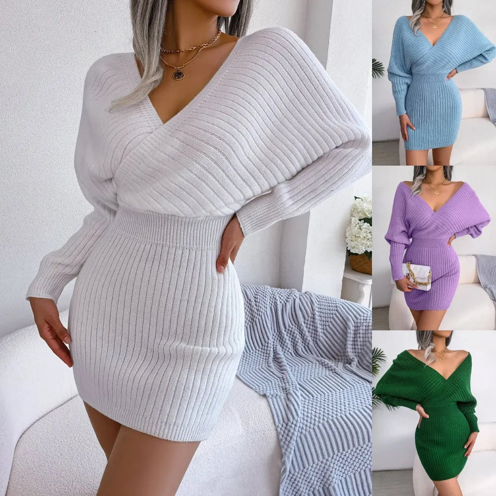 Sexy Knit Mini Dress with Long Batwing Sleeves