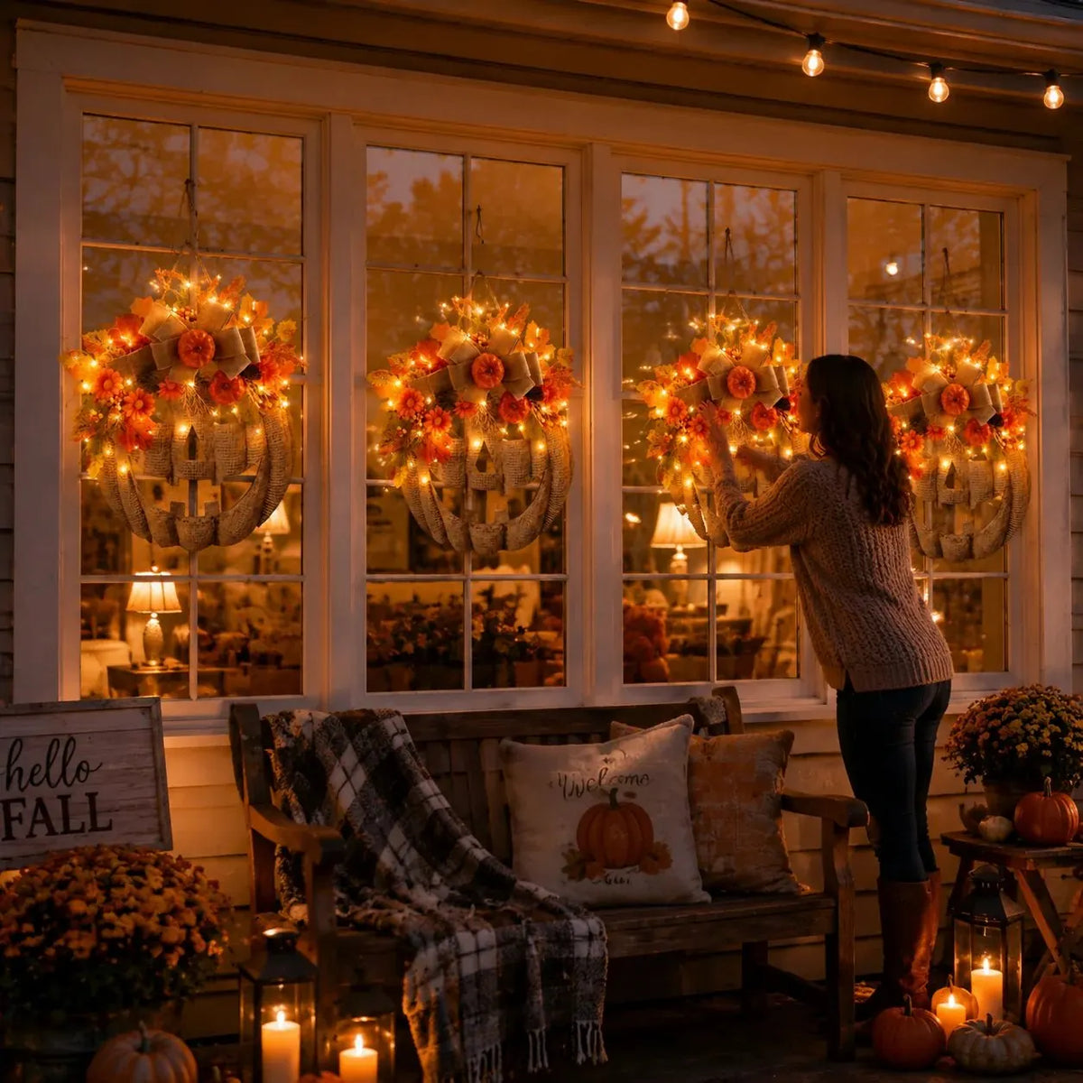🔥HOT SALE🔥🎃✨ Lighted Burlap Pumpkin Wreath