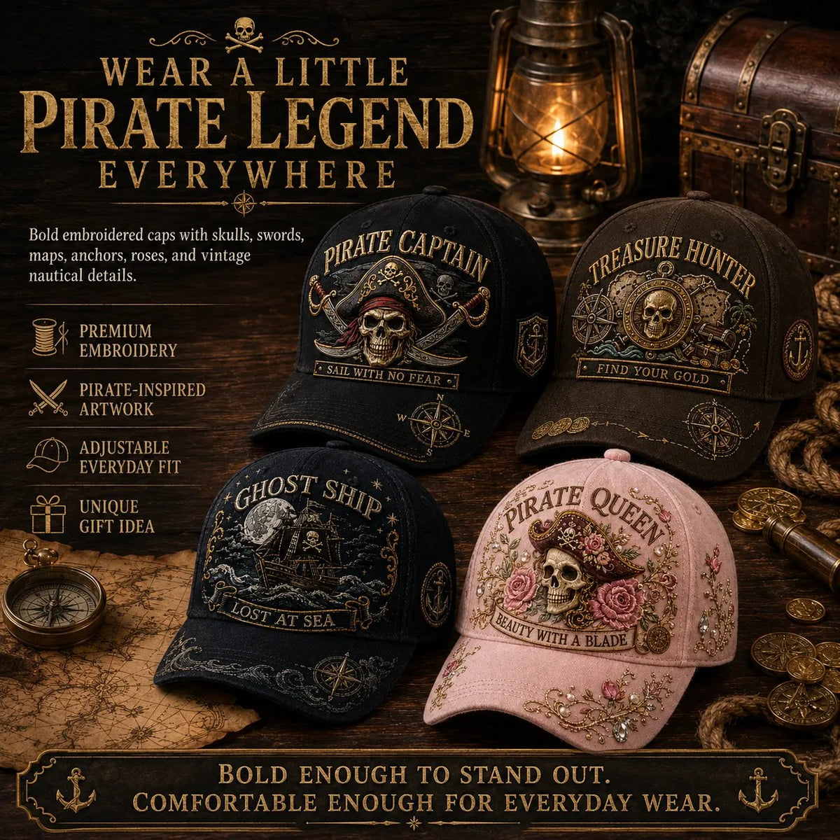 🏴‍☠️ Pirate Legend Embroidered Baseball Cap | Vintage Nautical Skull Adjustable Hat for Halloween, Travel & Everyday Wear
