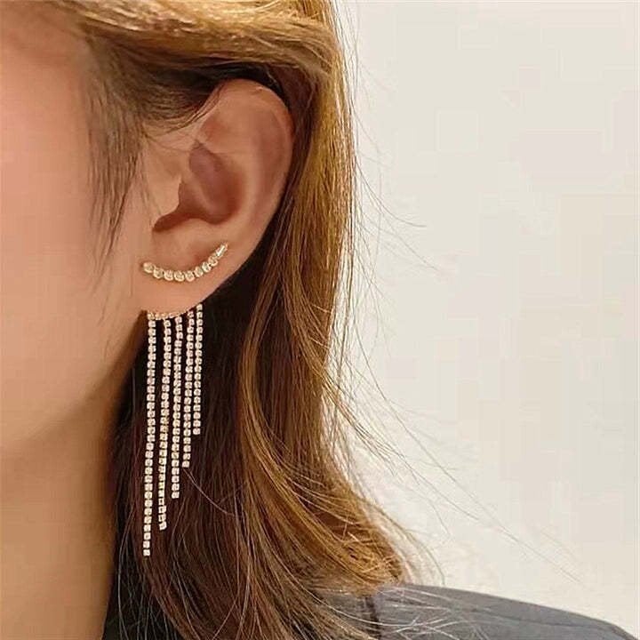 SPARKLING CURVED RHINESTONE LONG TASSEL EARRINGS