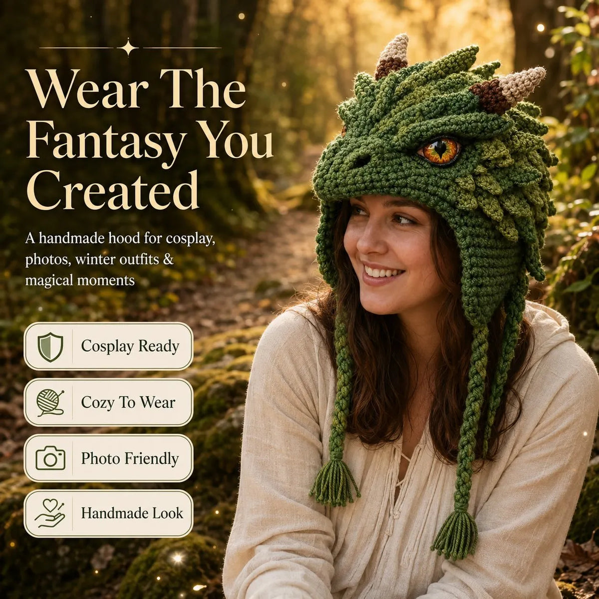 🔥HOT SALE🔥🐉✨ Fantasy Hood Hat DIY Crochet Kit | Premium Soft Yarn Materials with Step-by-Step Guide DIY Handmade Wearable Character Hood 🧶🎭✨