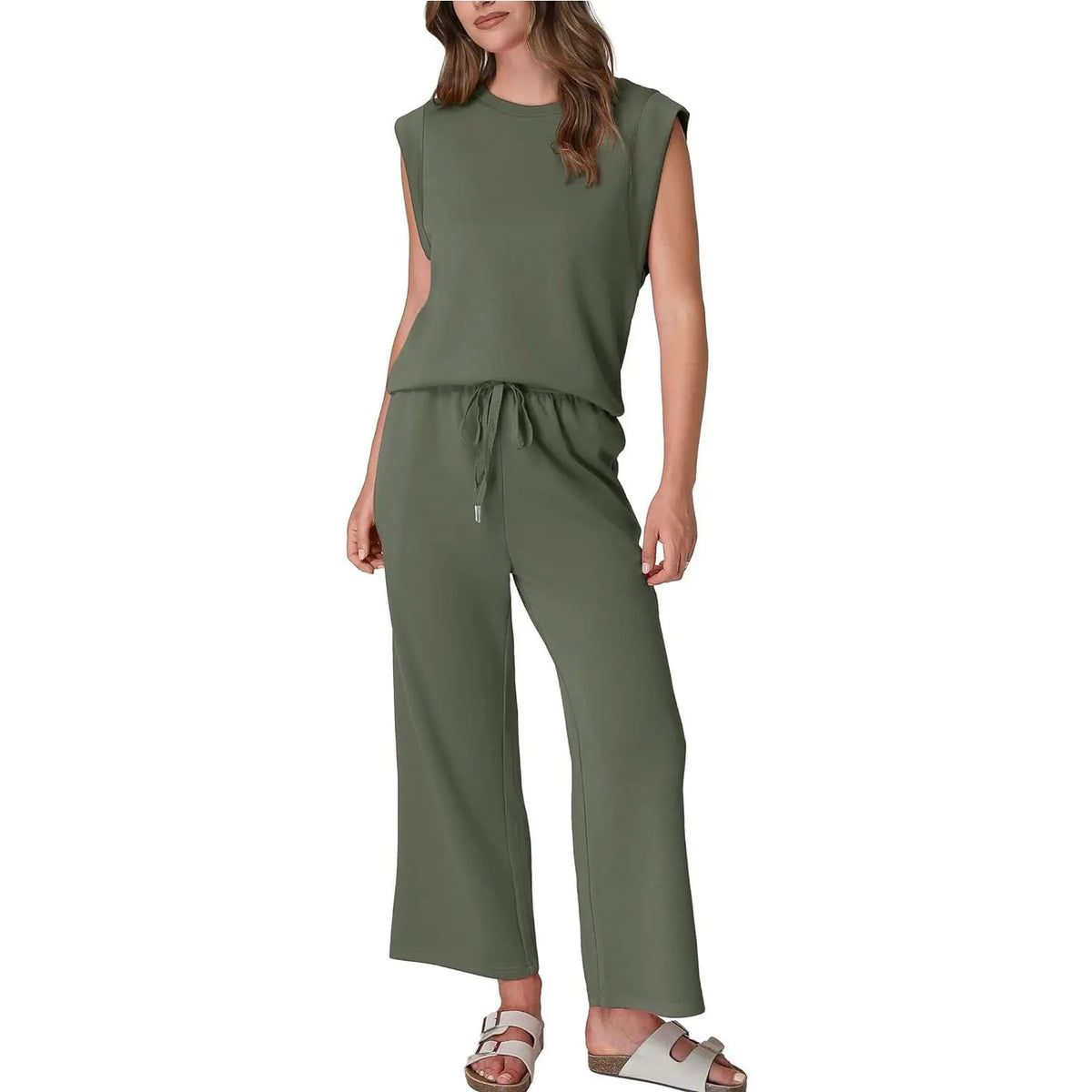 Women's Cap Sleeve Round Neck Lounge Set with Wide Leg Crop Pants