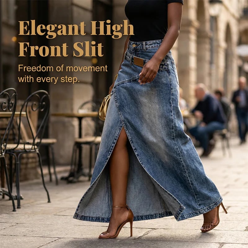 Women's Layered Waist Denim Maxi Skirt