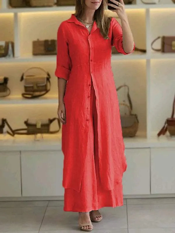 Women Summer Casual Linen Set Elegant Long Sleeve Two-piece Pant Suits