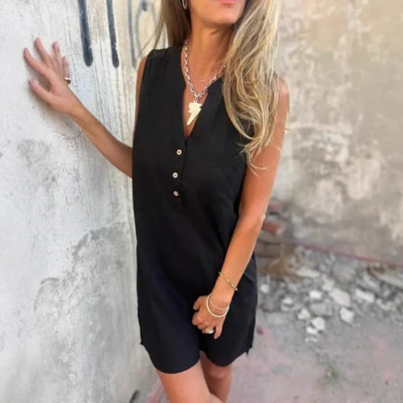 Women's sleeveless button-front V-neck dress