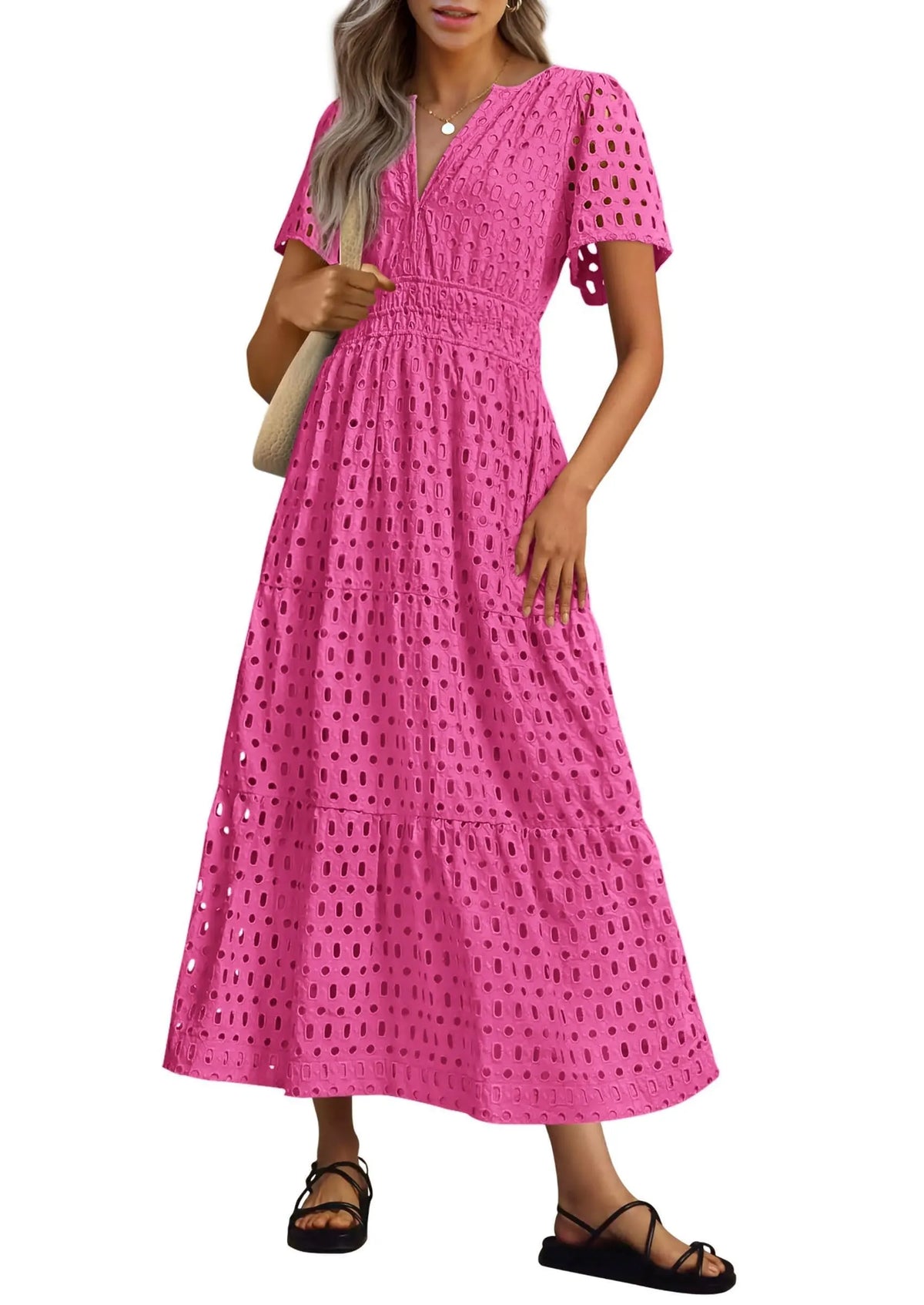Womens Summer V Neck Maxi Dress Short Sleeve Hollow Out Flowy Beach Dress