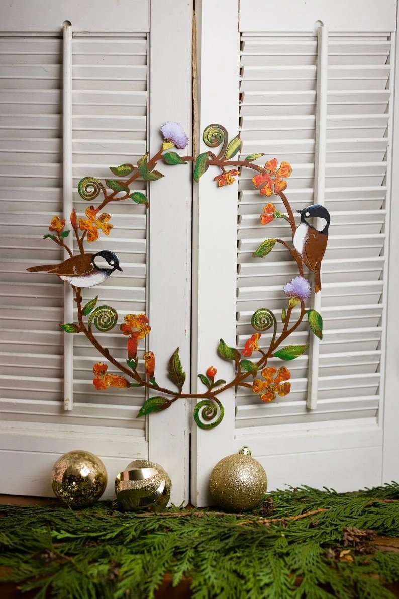 CHICKADEES & FLOWERS WREATH WALL ART