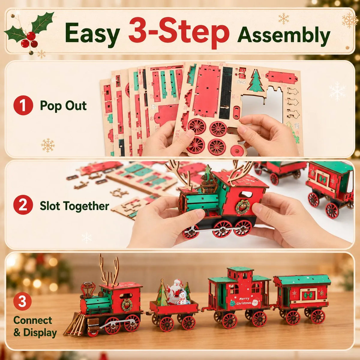 🔥HOT SALE🔥🎄LAST DAY 50% OFF – DIY Christmas Wooden Train Set 3D Assembly Puzzle Kit