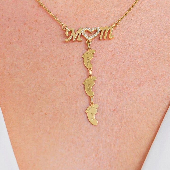 Mother's Day Gift Personalised Heart Crystal Mom Necklace With Baby Feet