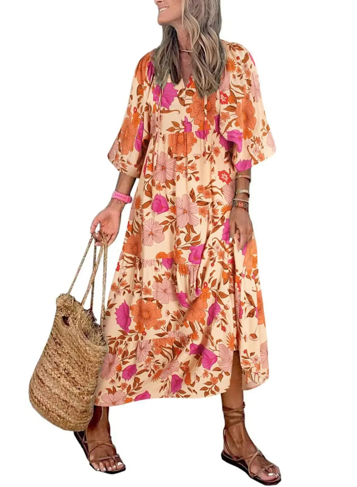 WOMEN'S PUFF SLEEVE FLORAL BOHO MAXI DRESS (BUY 2 FREE SHIPPING)