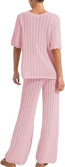 Women's Summer 2-Piece Swimsuit Coverup Crochet Knit Cardigan Tops Long Pants Set Bathing Suit Beach Outfit