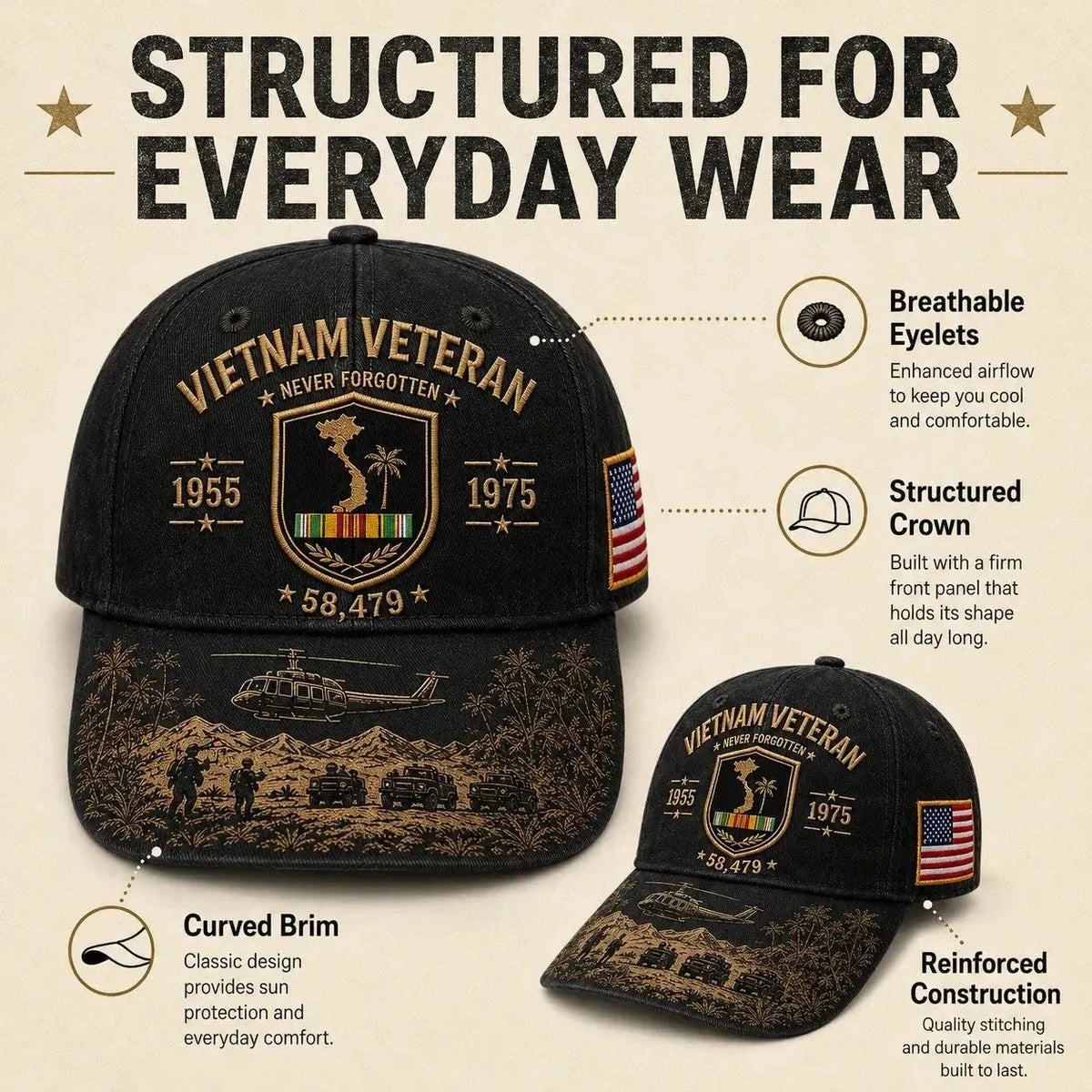 🎉Vietnam Veteran Never Forgotten 1955–1975 Commemorative Cap(Digital printing)