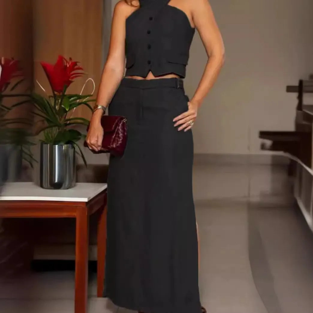 Neck-hanging bustier suit set