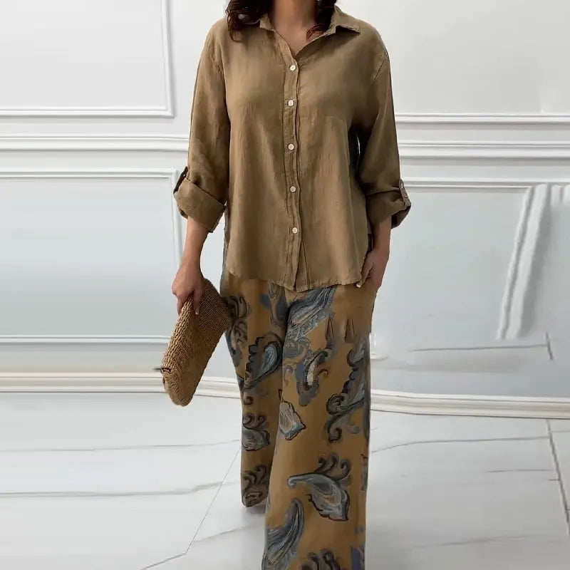 Women's Loose Shirt Cardigan & High-Waisted Pants Two-Piece Set
