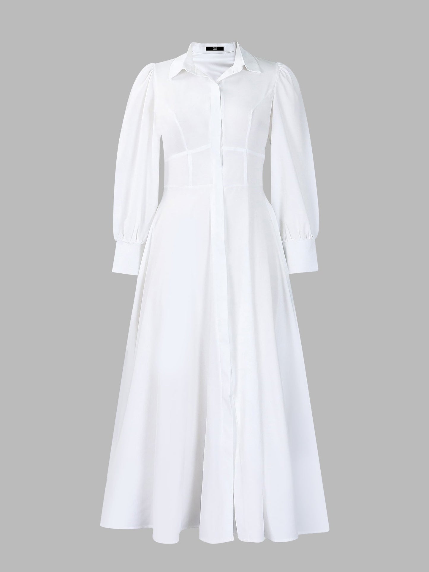 Solid Color Puff Long Sleeves Midi A-Line Shirt Dress