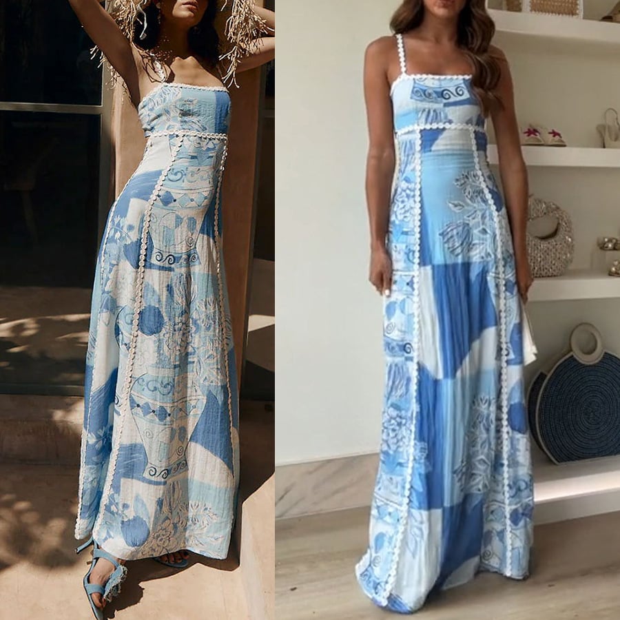 Printed tie-back flared linen maxi skirt