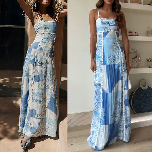 Printed tie-back flared linen maxi skirt