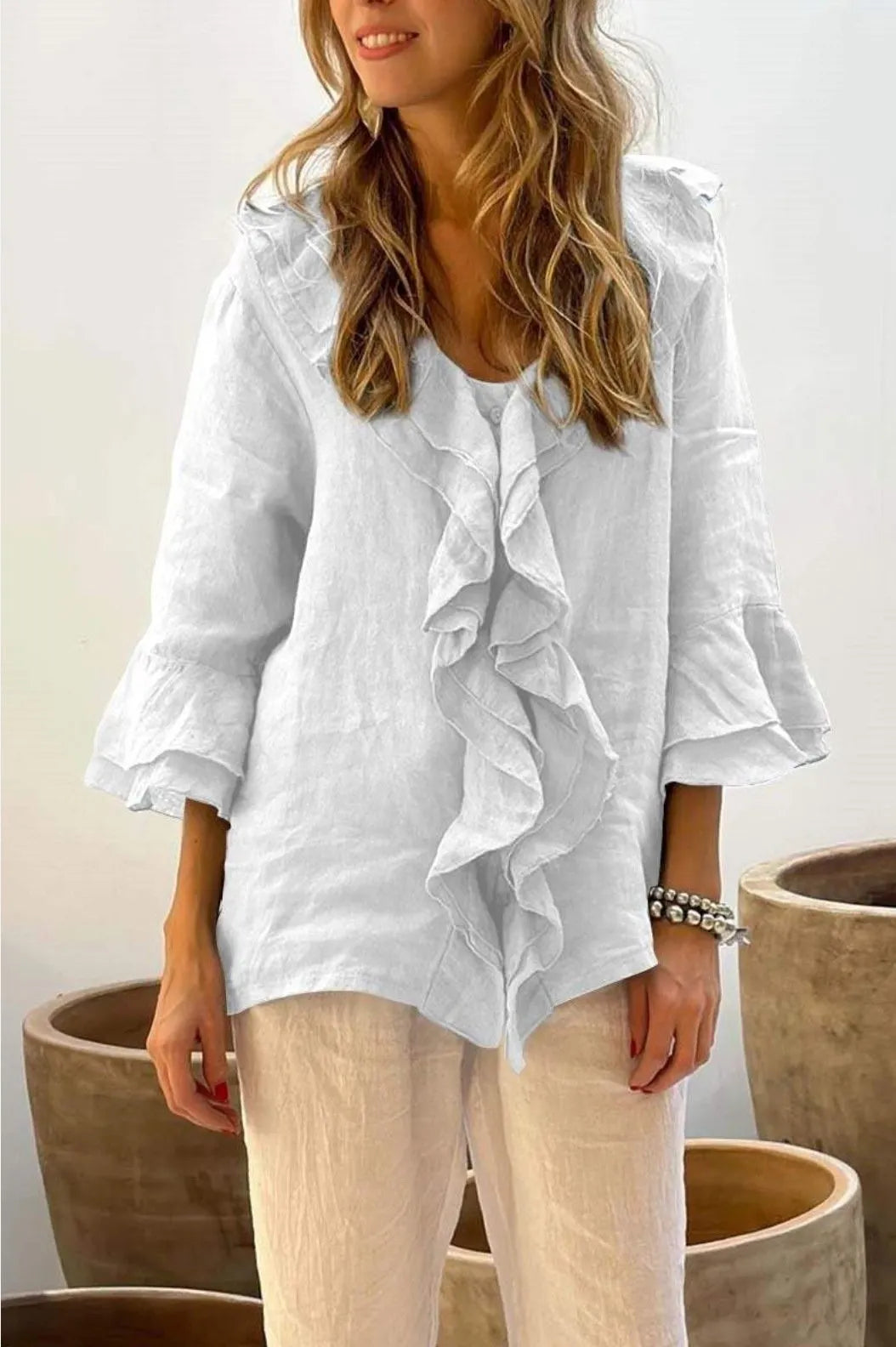 Hot Sale🔥Women Summer Ruffle Design Casual Linen Cotton Shirt