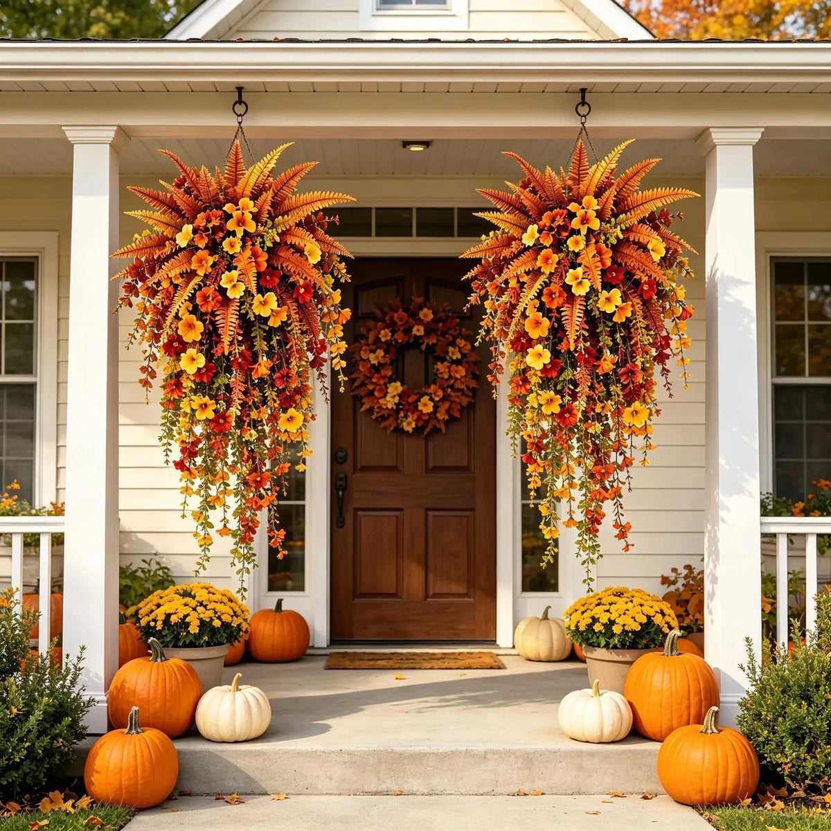 🎉🍂 ARTIFICIAL FALL HARVEST HANGING BASKET - AUTUMN PORCH & DOOR DECORATION