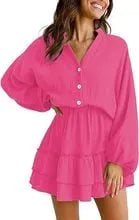 Chic Tiered Ruffle Mini Dress with V-Neck & Balloon Sleeves  🍂👗