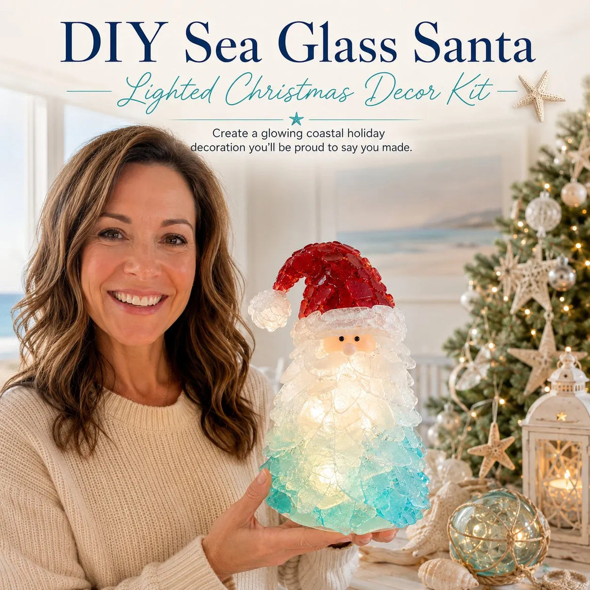 🎉🎅 Beginner-Friendly DIY Lighted Sea Glass Santa Christmas Decor Kit | Complete Kit with Sea Glass Pieces, Warm Fairy Lights & Step-by-Step Guide Included 💕