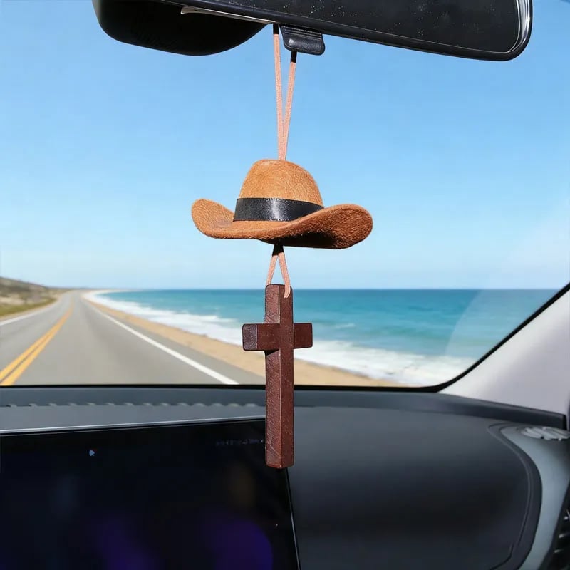 🔥HOT SALE🔥🤠 Cowboy Hat & Cross Car Charm | A Ride with Style & Faith 🚗✨