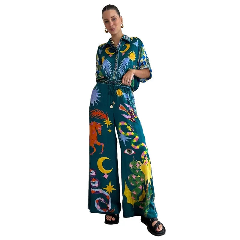 Beachy Chic Unique Print Button Down Oversized Two-Piece Set