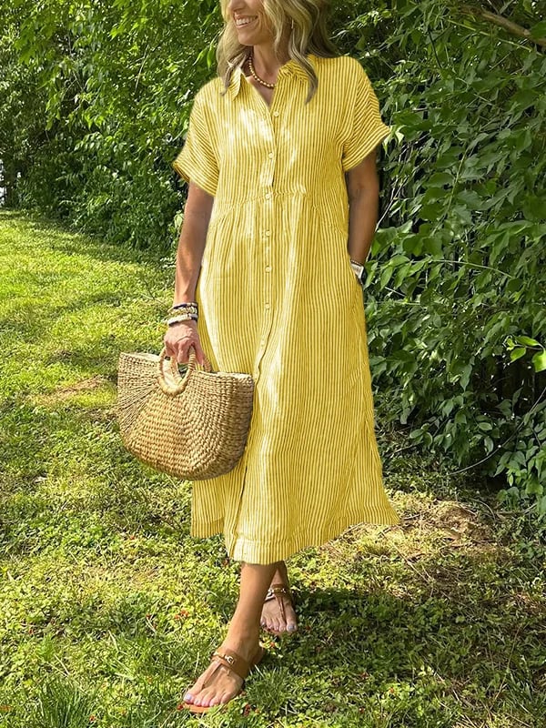 NEW🔥 Striped Lapel Button Down Shirt Dress | With Functional Pockets