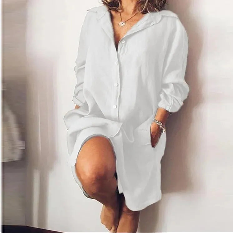 Cotton-linen mid-length long-sleeve solid color cardigan