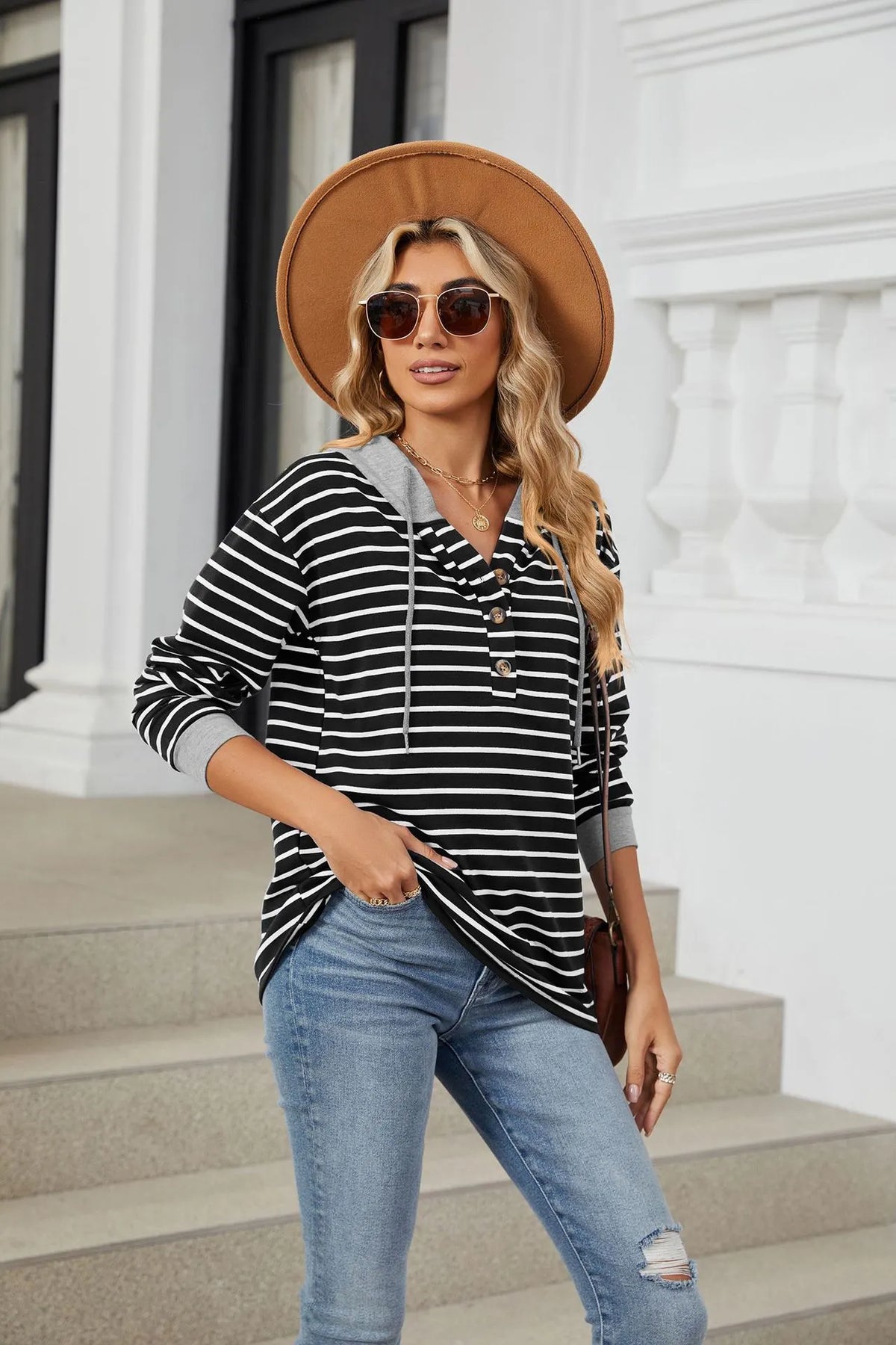 Women's Casual Pullover Button Up Drawstring Hoodie