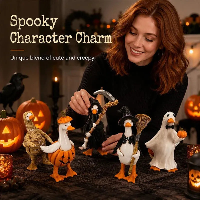 🔥 HOT SALE 🔥🎃BORING HALLOWEEN DECOR?🎃 Spooky Duck Set – Hand-Painted, 5 Characters, Weather-Resistant – For Shelves, Desks & Outdoors! 🦇
