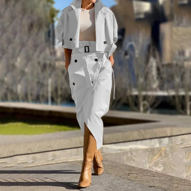 Women's Versatile Casual Work Wear Temperament Button Belt Skirt Set
