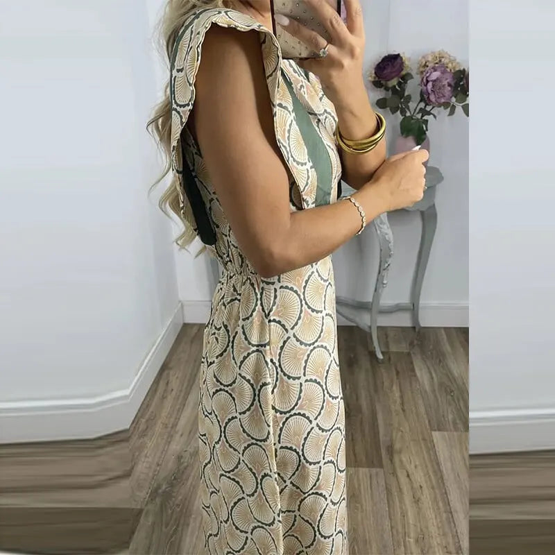 SPEAK EASY CHARM UNIQUE PRINT CREW NECK CAPE SLEEVE MAXI DRESS