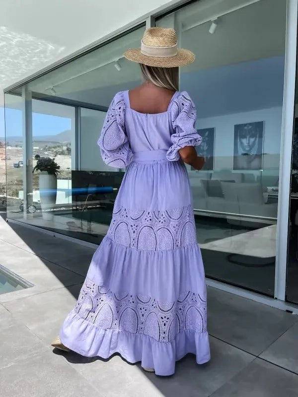 🌷Women’s Trendy Patchwork Tie Waist Square Neck Long Dress