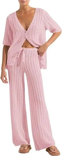 Women's Summer 2-Piece Swimsuit Coverup Crochet Knit Cardigan Tops Long Pants Set Bathing Suit Beach Outfit