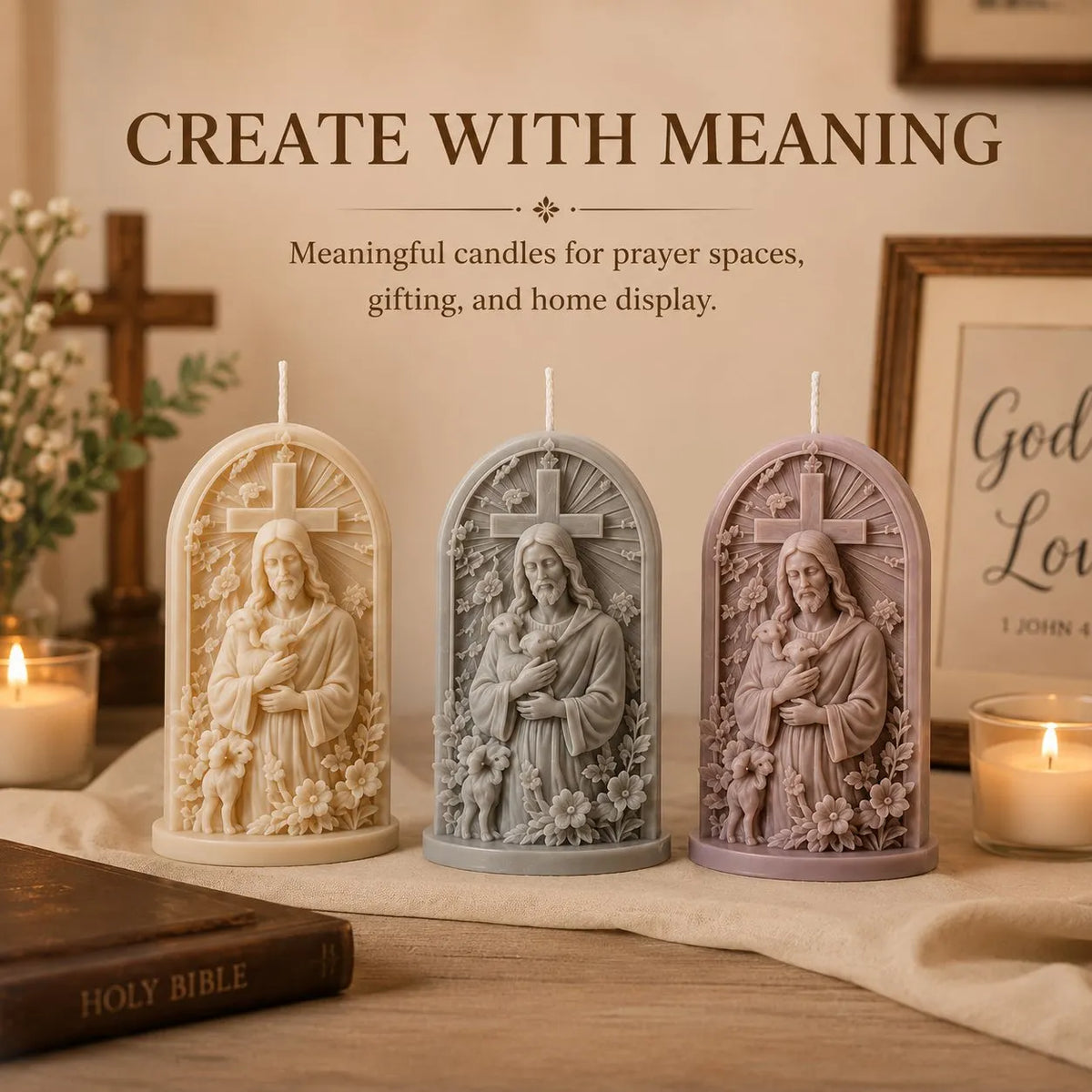 🎉⏳49% OFF – ✝️ 2-Piece Good Shepherd Jesus 3D Candle Mold Set | Sculpted Cross, Lamb & Floral Relief for Faith-Inspired Handmade Candles 🕯️✨